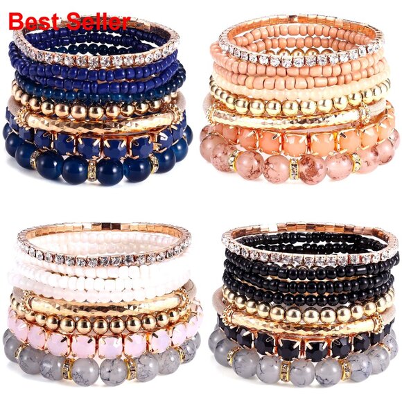 Jewelry - Multi-Color Layered Stackable Natural Beaded Bracelets Adjustable Stretch